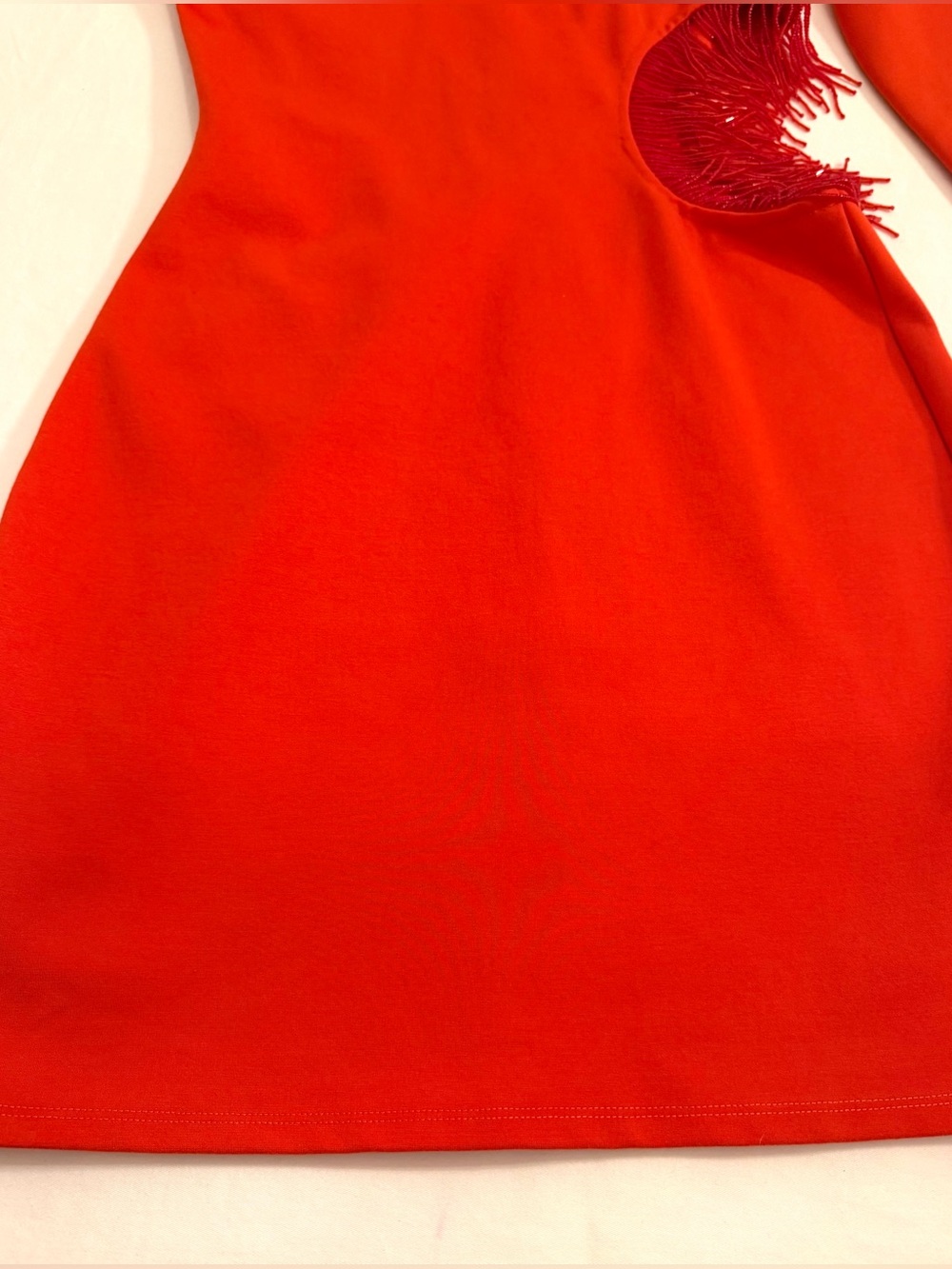 STAUD Mini Kirsten Dress in Fire Red Long-Sleeve with Fringe Cutouts Size Small - Picture 6 of 15